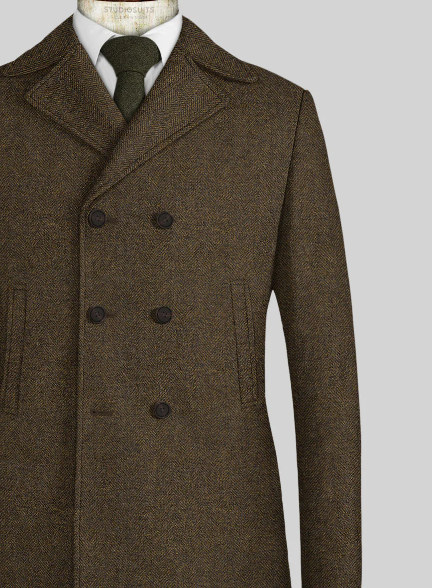 Bottle Brown Herringbone Tweed Pea Coat - Image 2