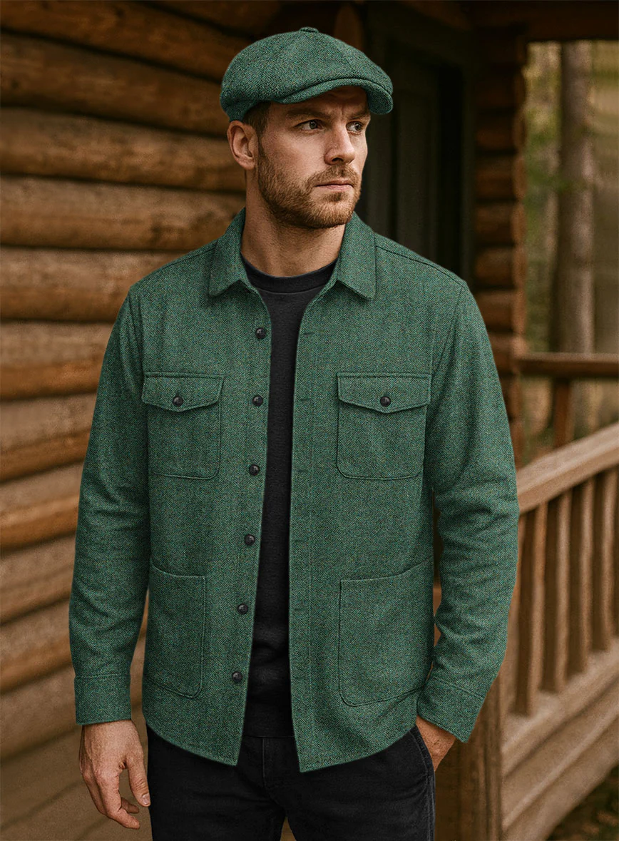 Bottle Green Herringbone Tweed Overshirt