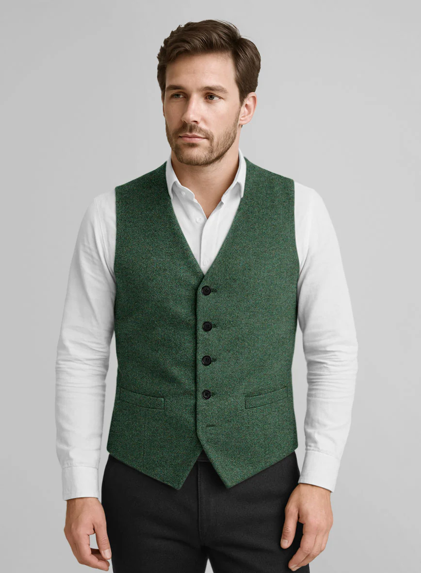 Bottle Green Herringbone Tweed Waist Coat - Image 2