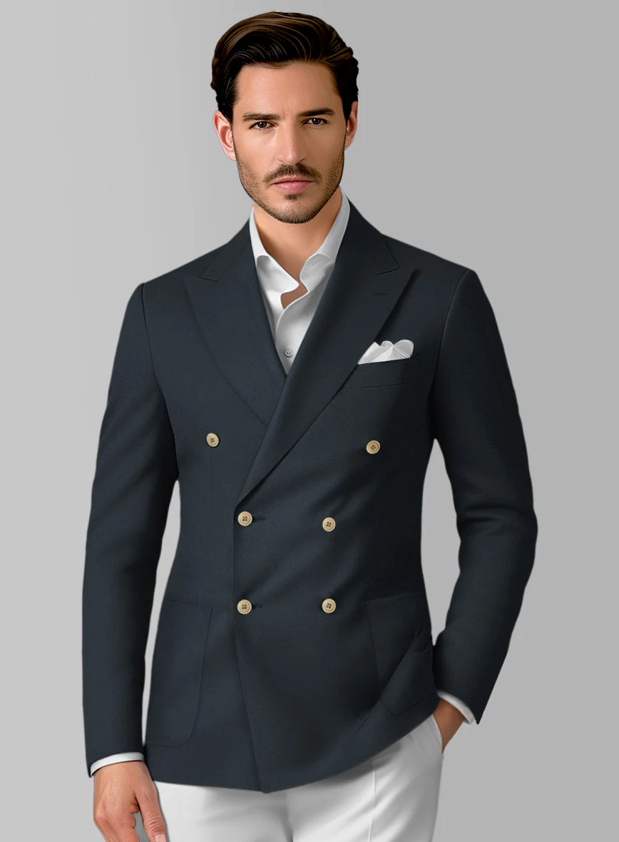 Dark Blue Stretch Chino Double Breasted Jacket - Image 2