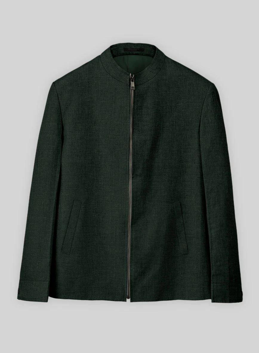 Dark Bottle Green Linen Zipper Jacket