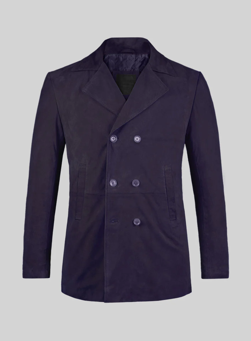 Dark Slate Purple Suede Leather Pea Coat