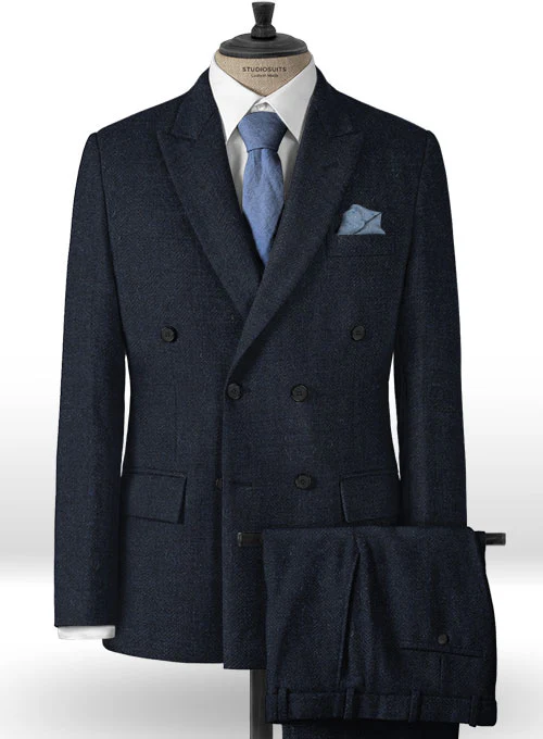 Deep Blue Herringbone Tweed Double Breasted Suit