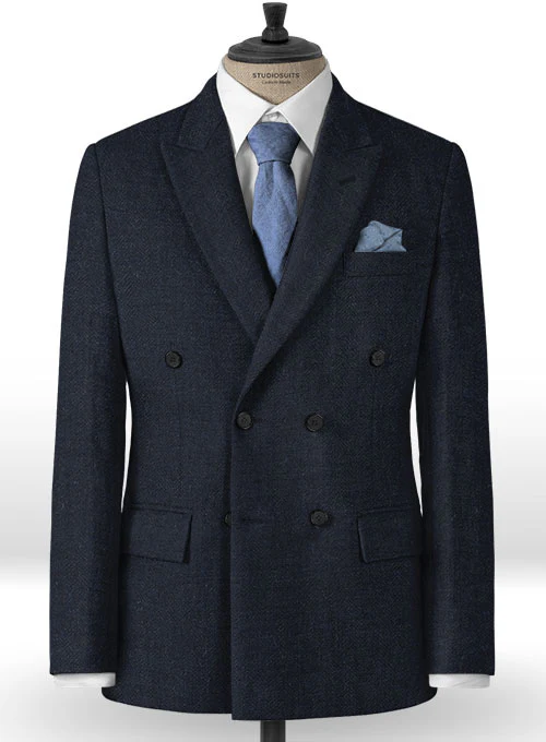 Deep Blue Herringbone Tweed Double Breasted Suit - Image 2