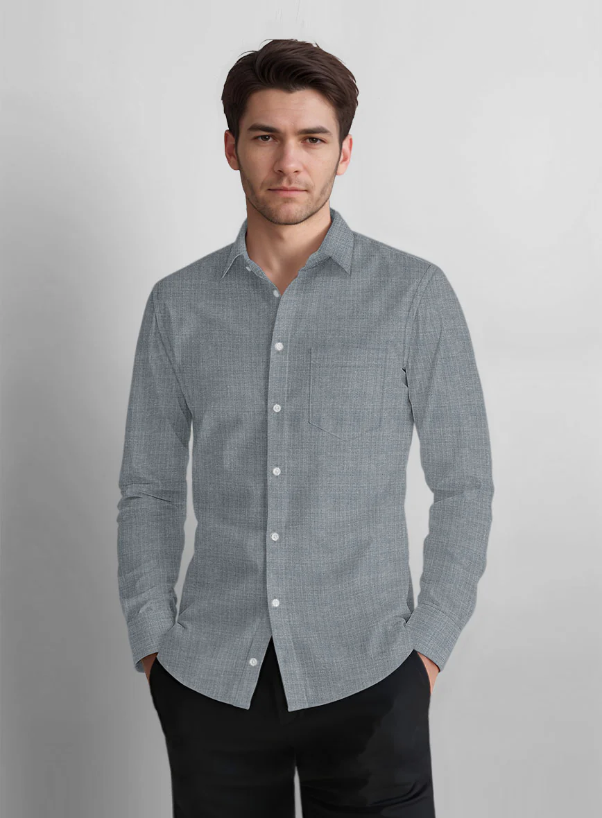 Gray Blue Herringbone Cotton Shirt - Image 3