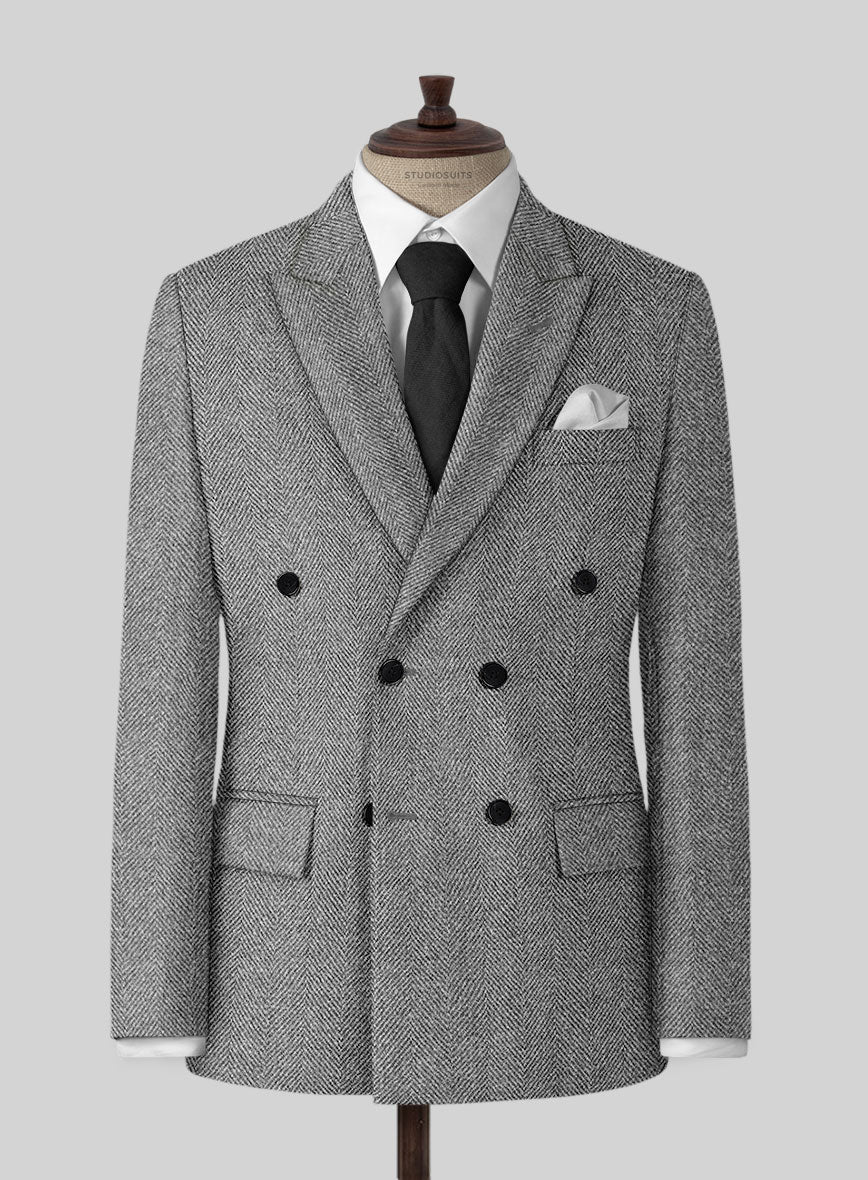 Harris Tweed Wide Herringbone Gray Double Breasted Jacket
