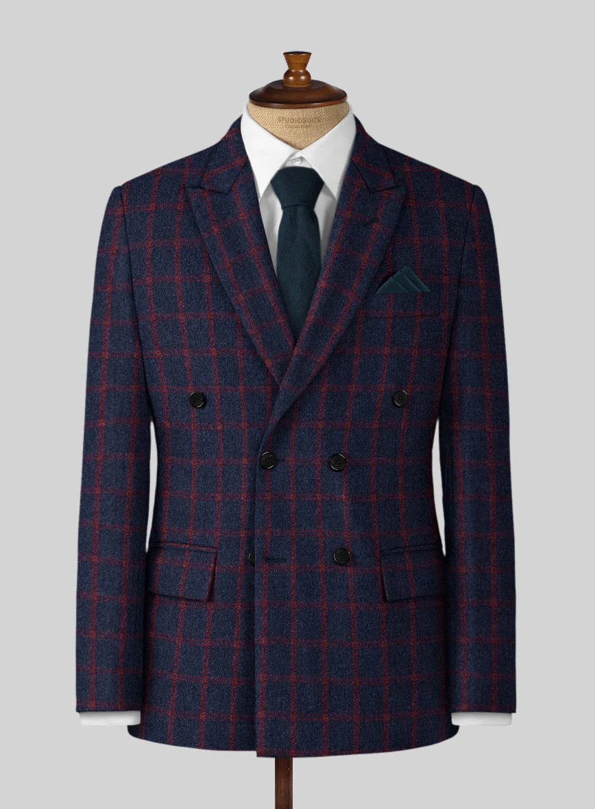 Highlander Heavy Blue Check Tweed Double Breasted Jacket