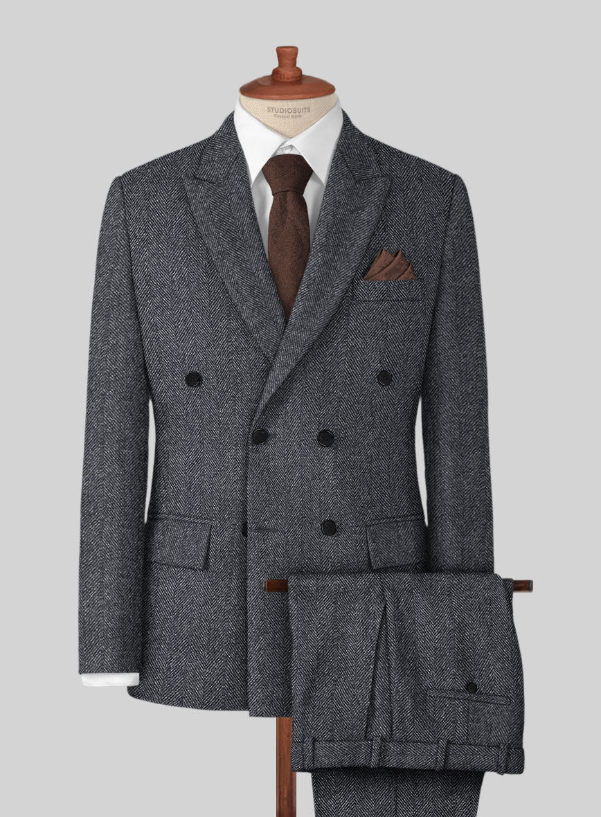 Highlander Heavy Charcoal Herringbone Tweed Double Breasted Suit