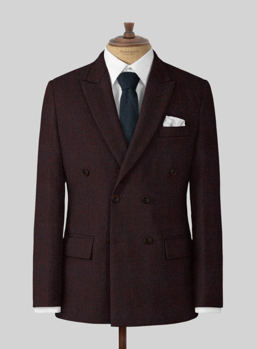 Highlander Heavy Wine Herringbone Tweed Double Breasted Jacket