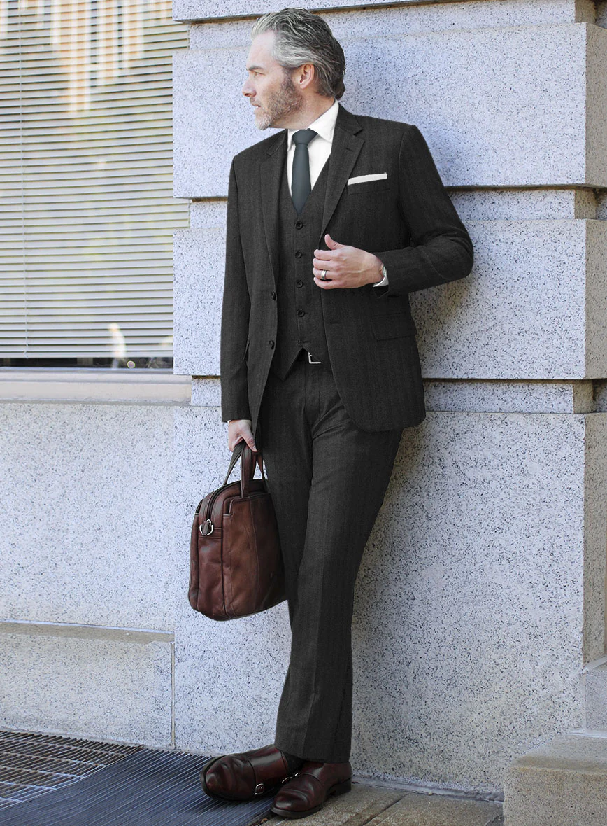 Italian Charcoal Herringbone Flannel Suit - Image 2