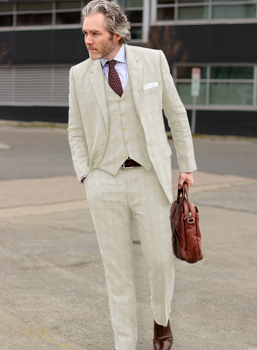 Italian Prato Beige Glen Linen Suit - Image 2