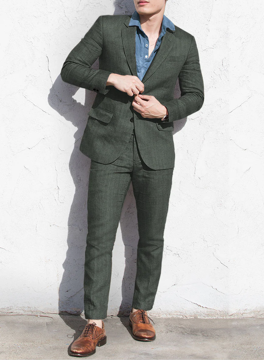 Italian Prato Olive Green Herringbone Linen Suit - Image 2