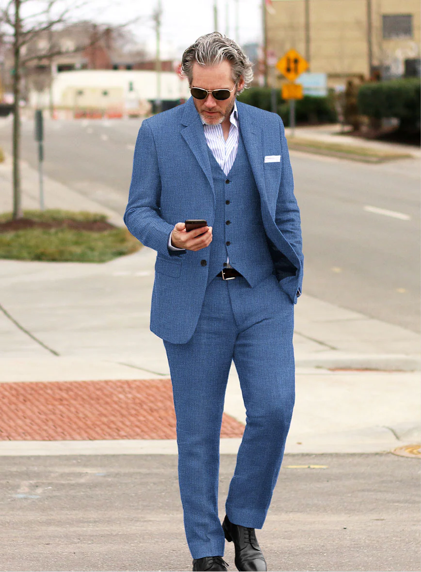 Italian Prato Sharkskin Blue Linen Suit - Image 2