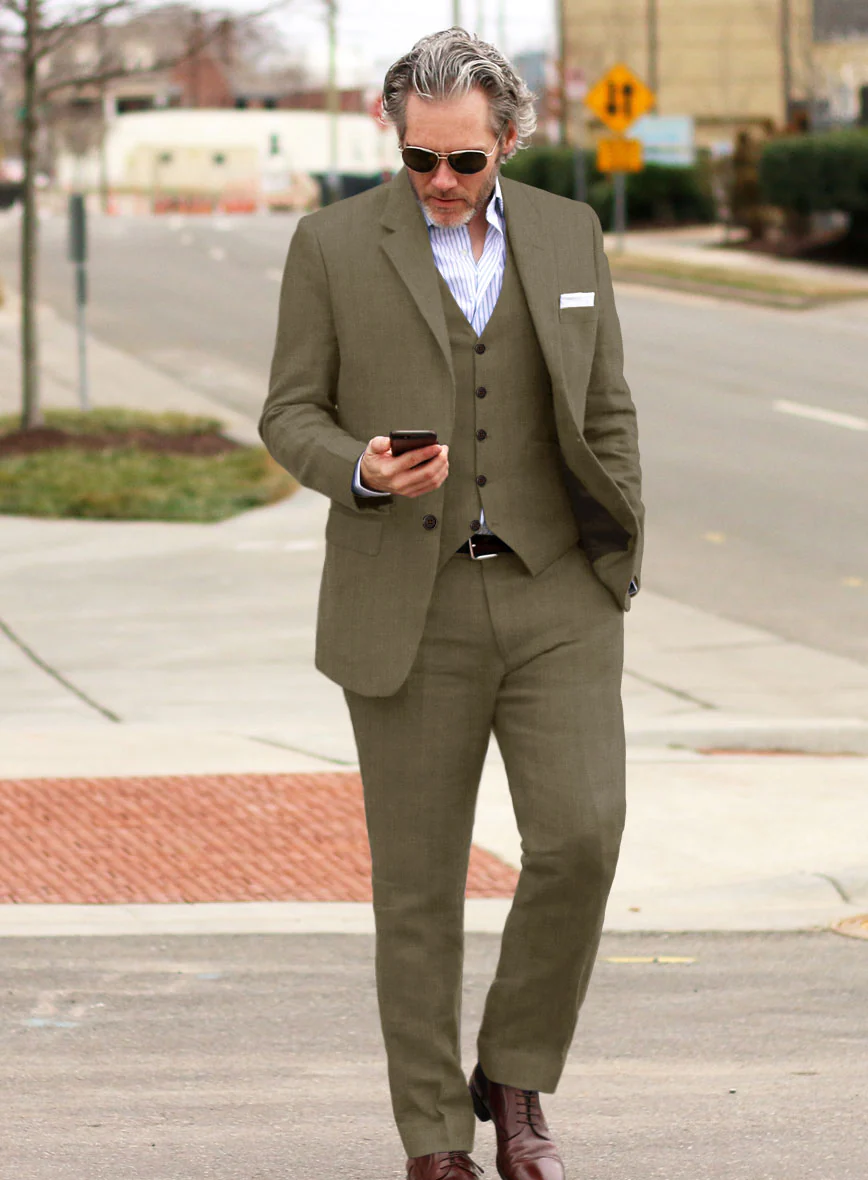 Italian Prato Tan Herringbone Linen Suit - Image 2