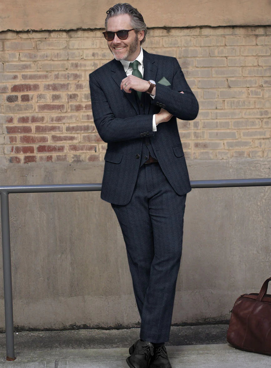 Italian Wide Herringbone Blue Tweed Suit - Image 2