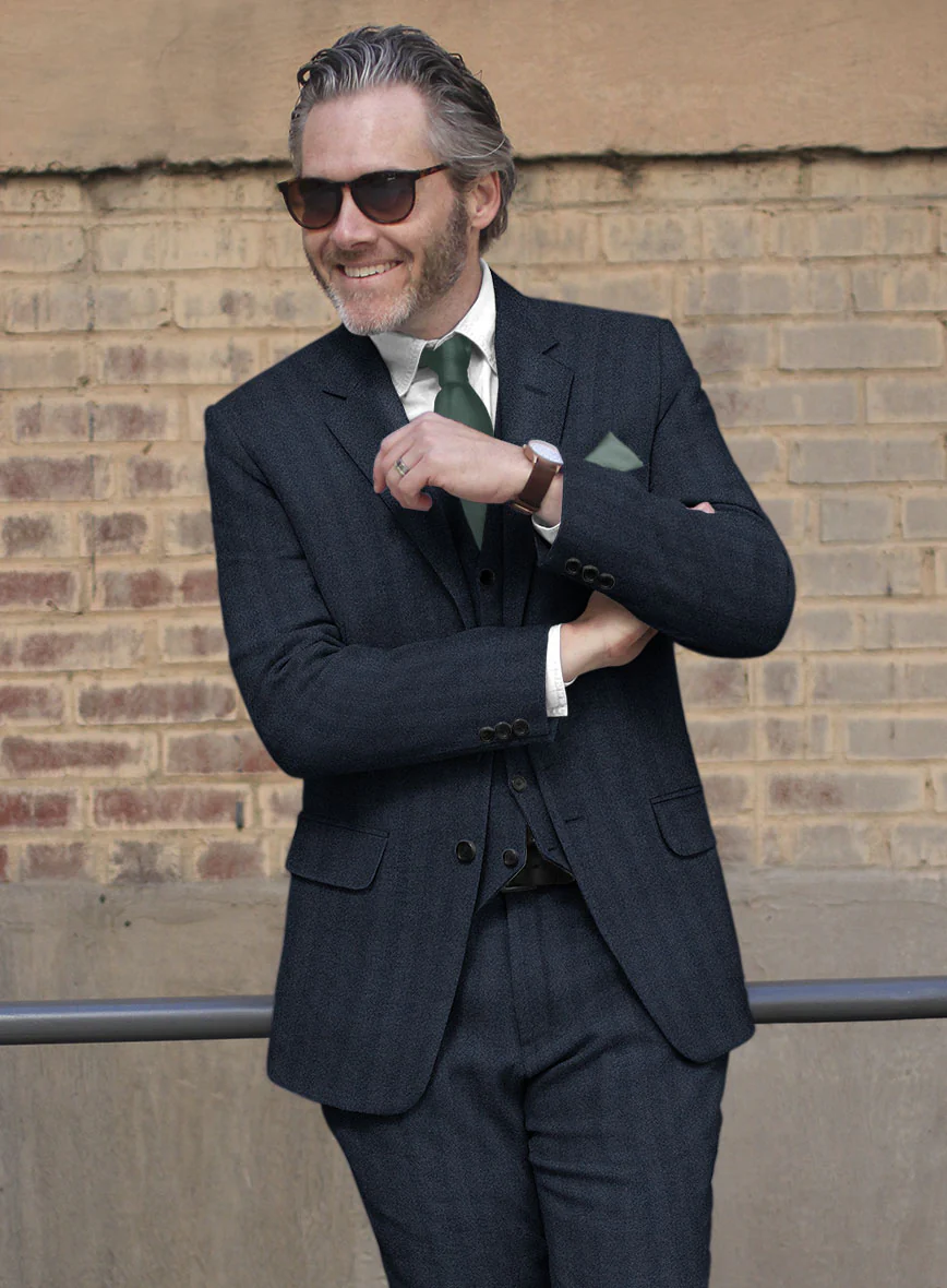 Italian Wide Herringbone Blue Tweed Suit - Image 5