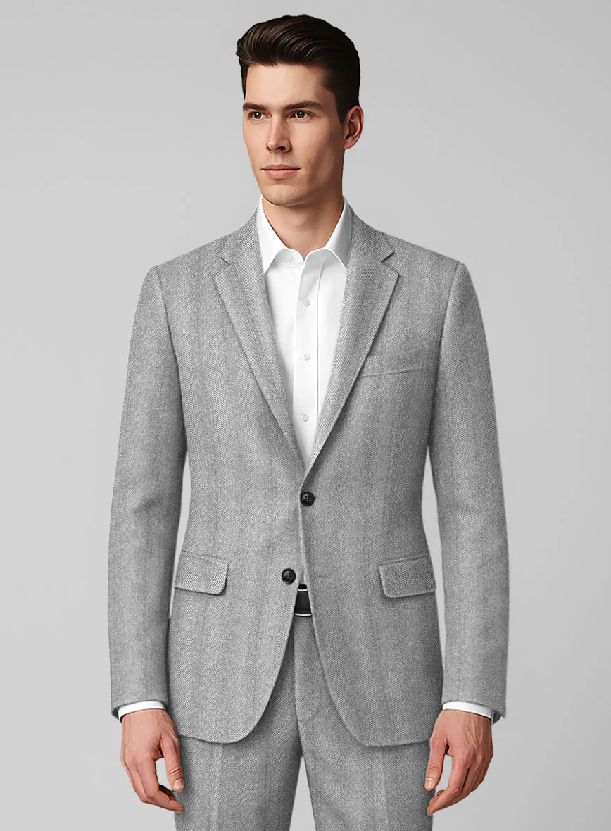 Italian Wide Herringbone Ice Gray Tweed Suit - Image 3