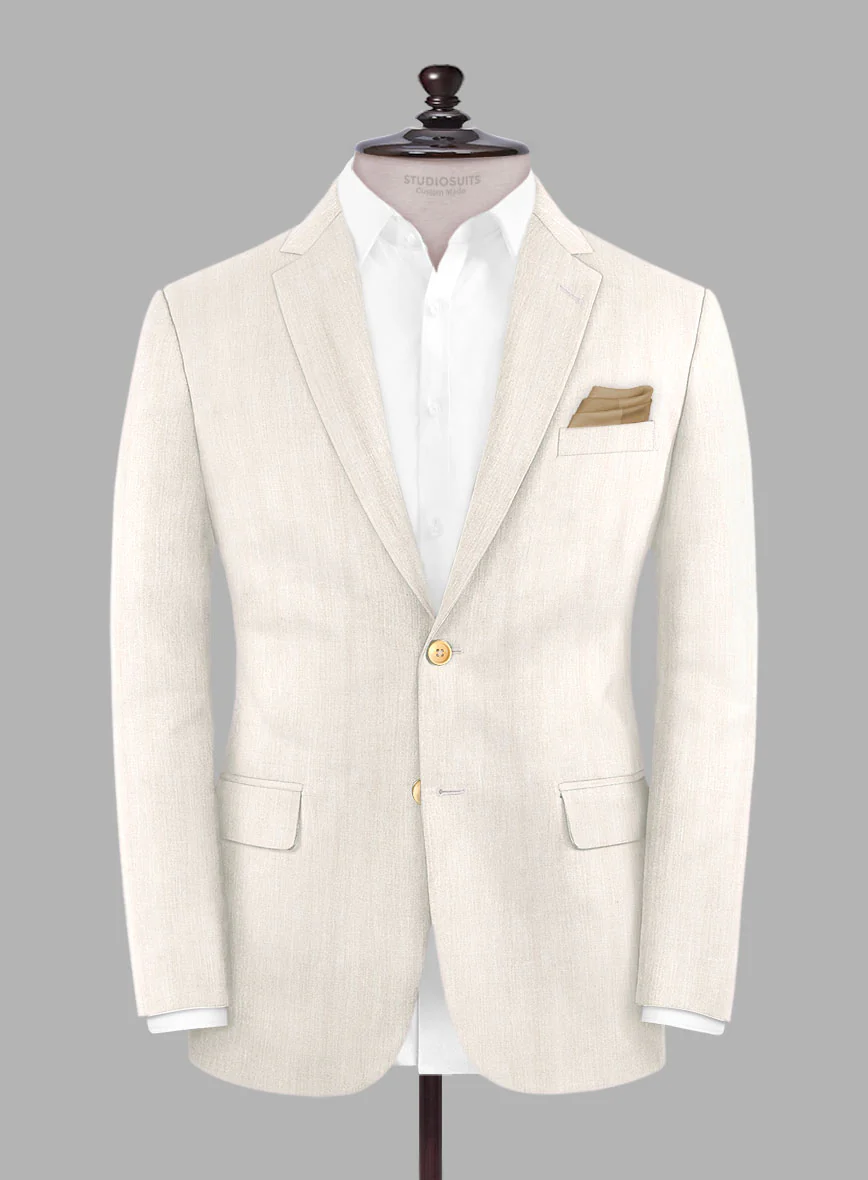 London Loom Beige Herringbone Wool Silk Linen Jacket - Image 3
