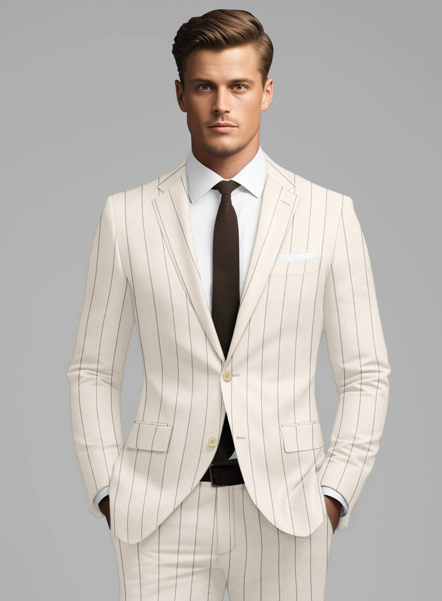 London Loom Beige Stripe Wool Silk Linen Jacket - Image 3