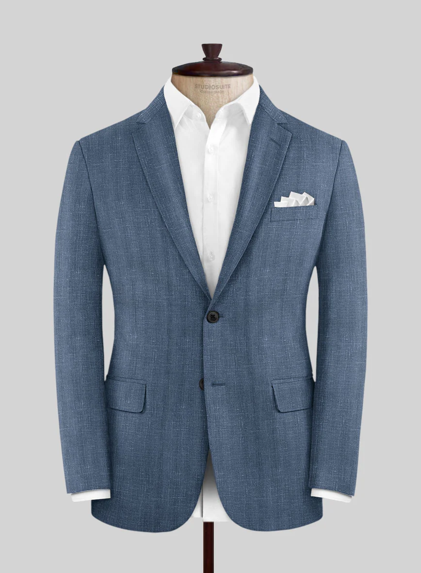 London Loom Blue Herringbone Wool Silk Linen Jacket - Image 3
