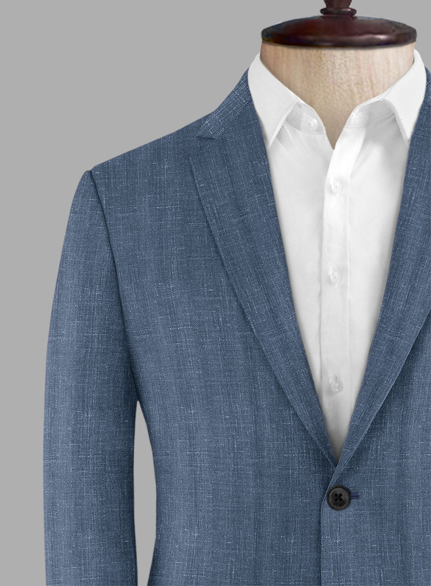 London Loom Blue Herringbone Wool Silk Linen Jacket - Image 4