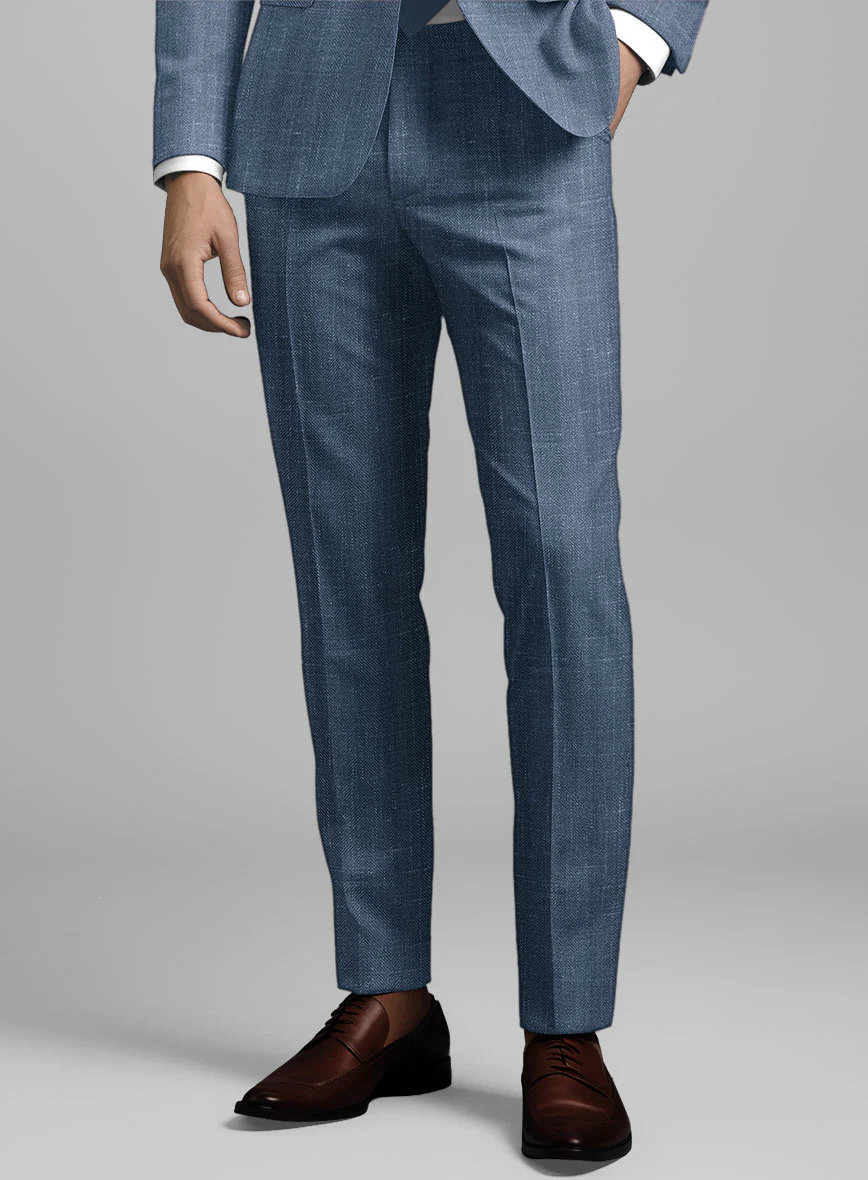 London Loom Blue Herringbone Wool Silk Linen Pants - Image 2