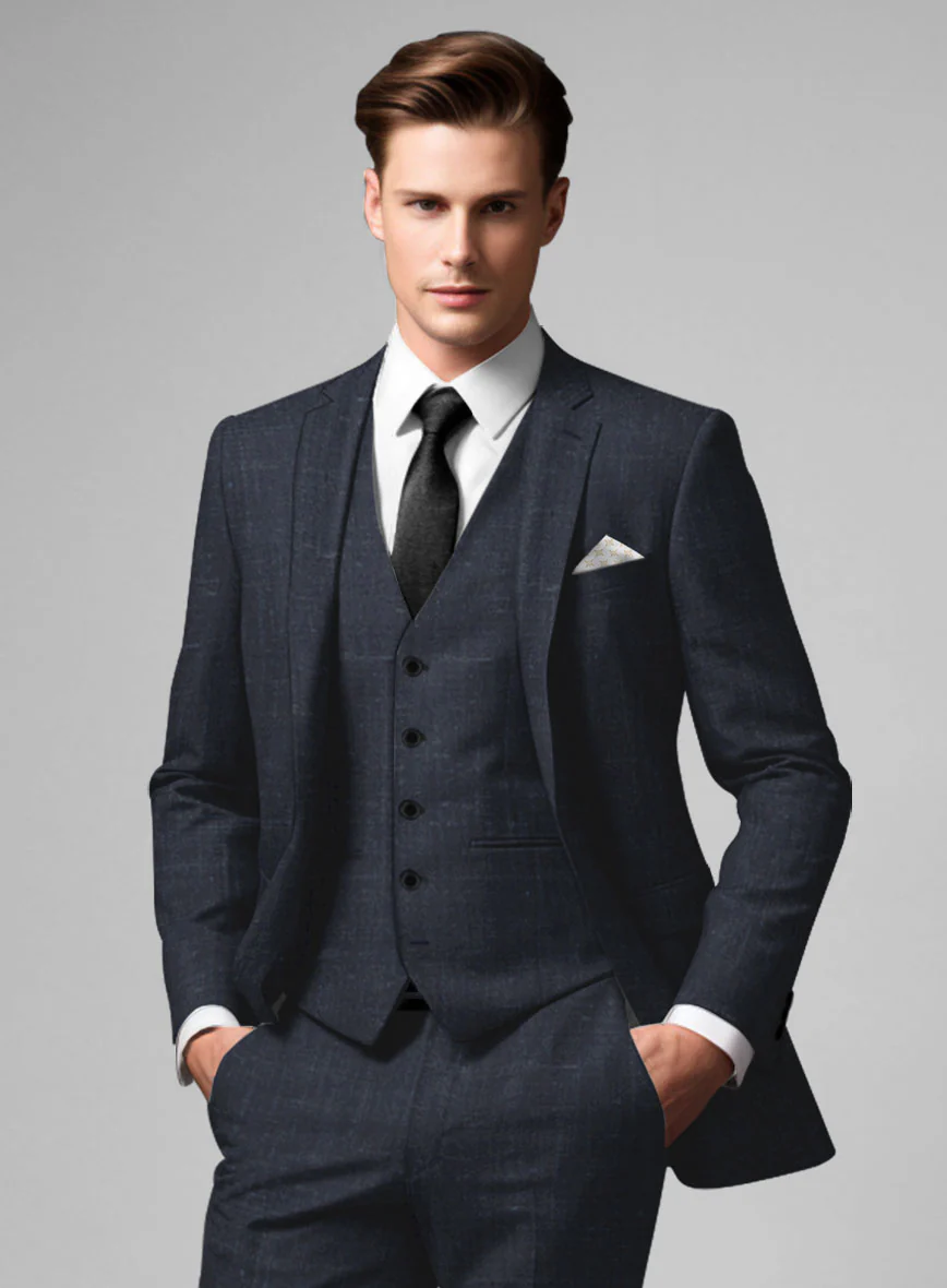 London Loom Dark Blue Twill Wool Silk Linen Suit - Image 3