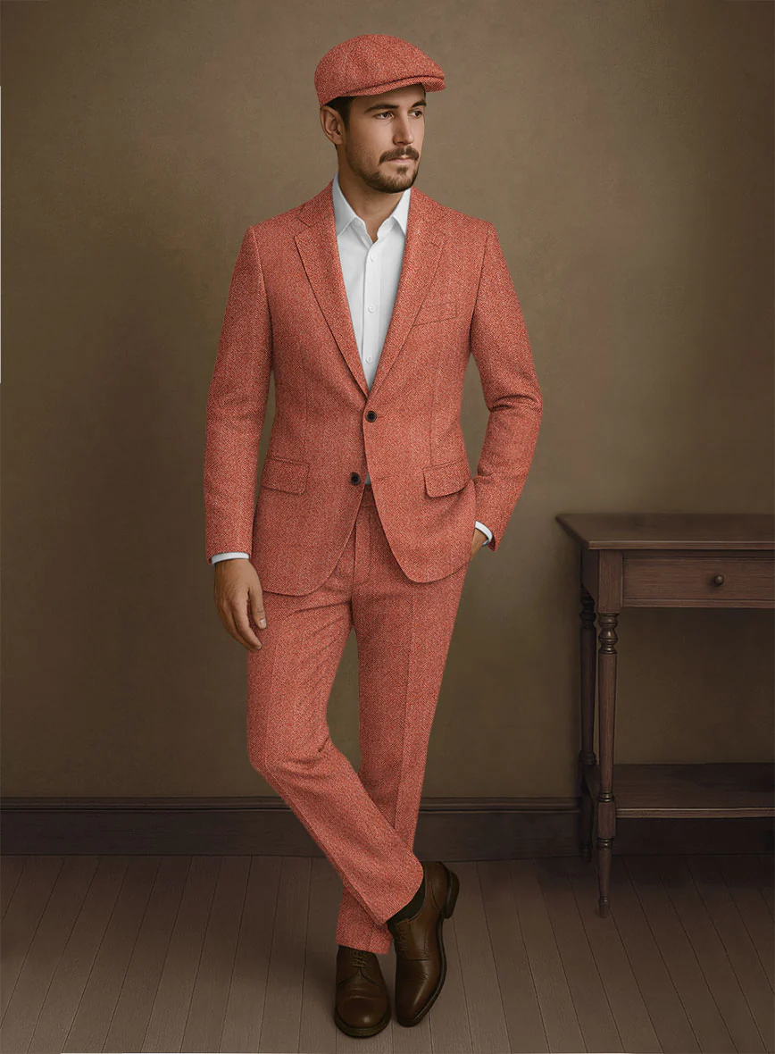 Naples Wide Herringbone Caramine Pink Tweed Suit