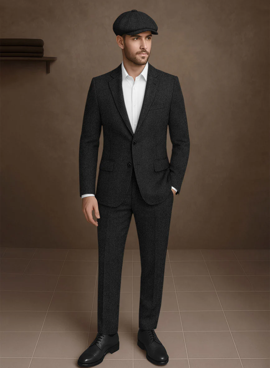 Naples Wide Herringbone Charcoal Tweed Suit
