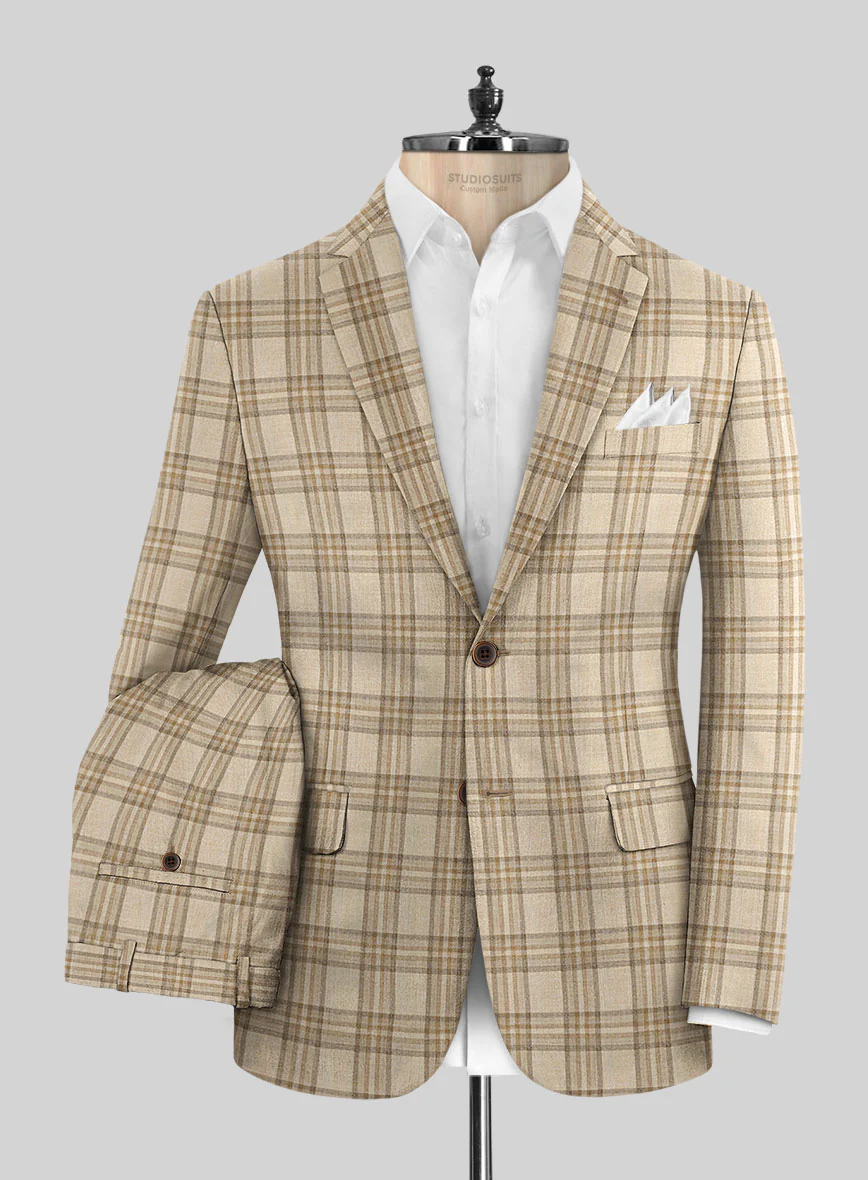 Noble Beige Check Wool Silk Linen Suit - Image 2