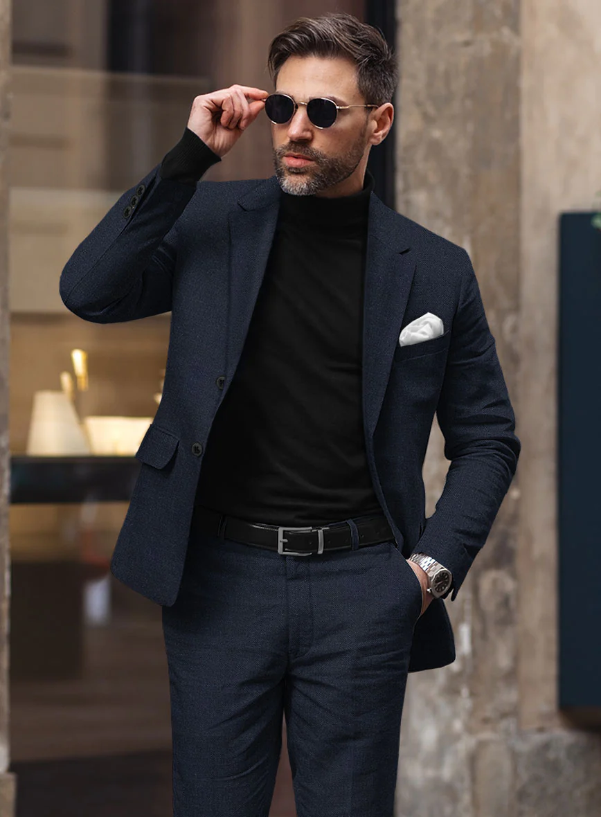 Noble Dark Blue Wool Silk Linen Suit - Image 3