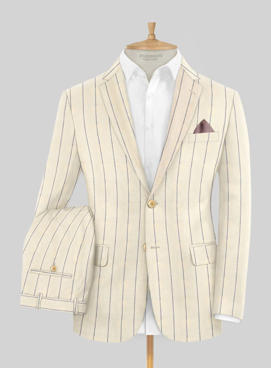 Noble Rosaria Cream Stripe Cotton Silk Linen Suit - Image 2