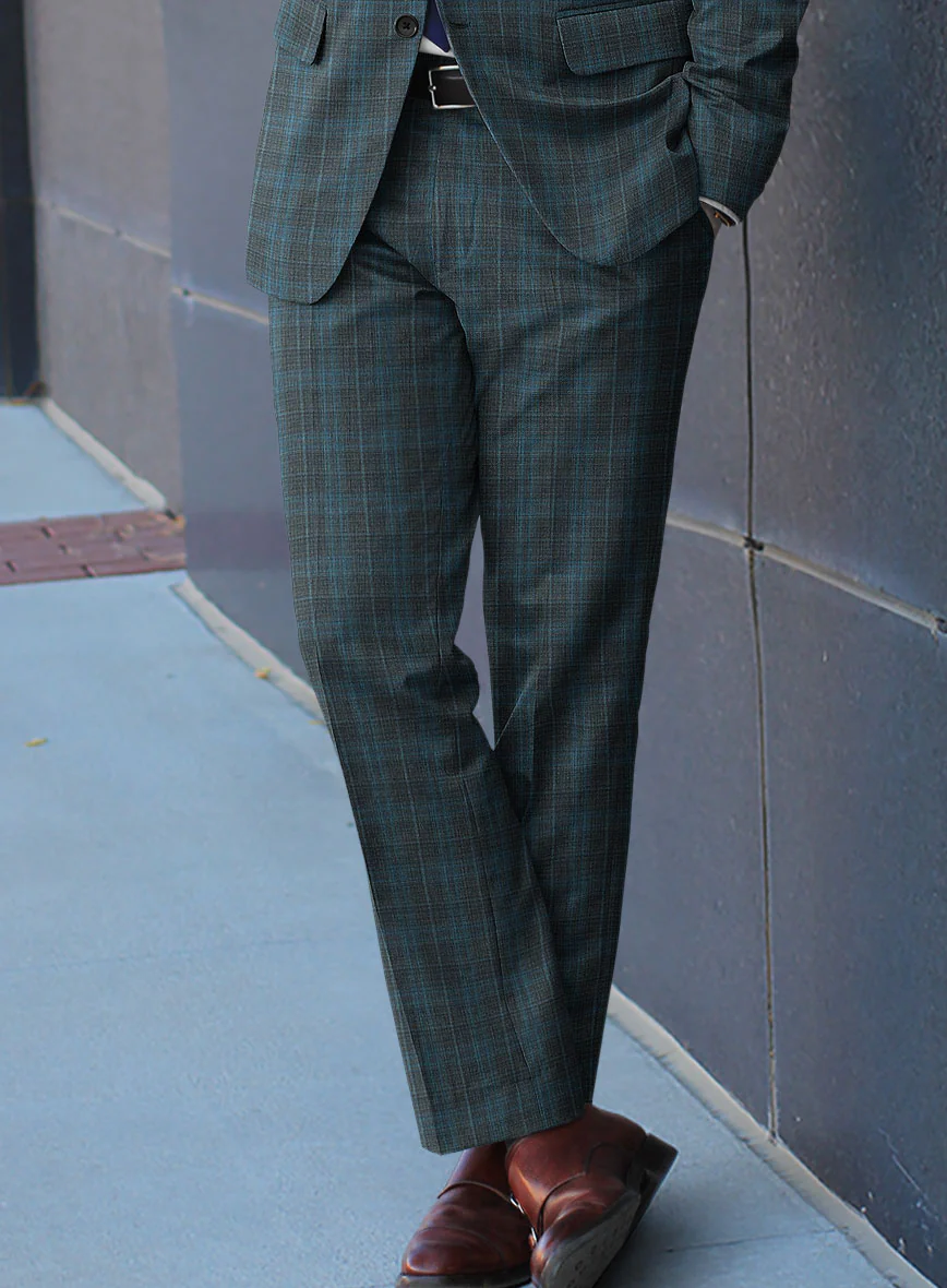 Reda Cyan Green Checks Wool Pants - Image 2