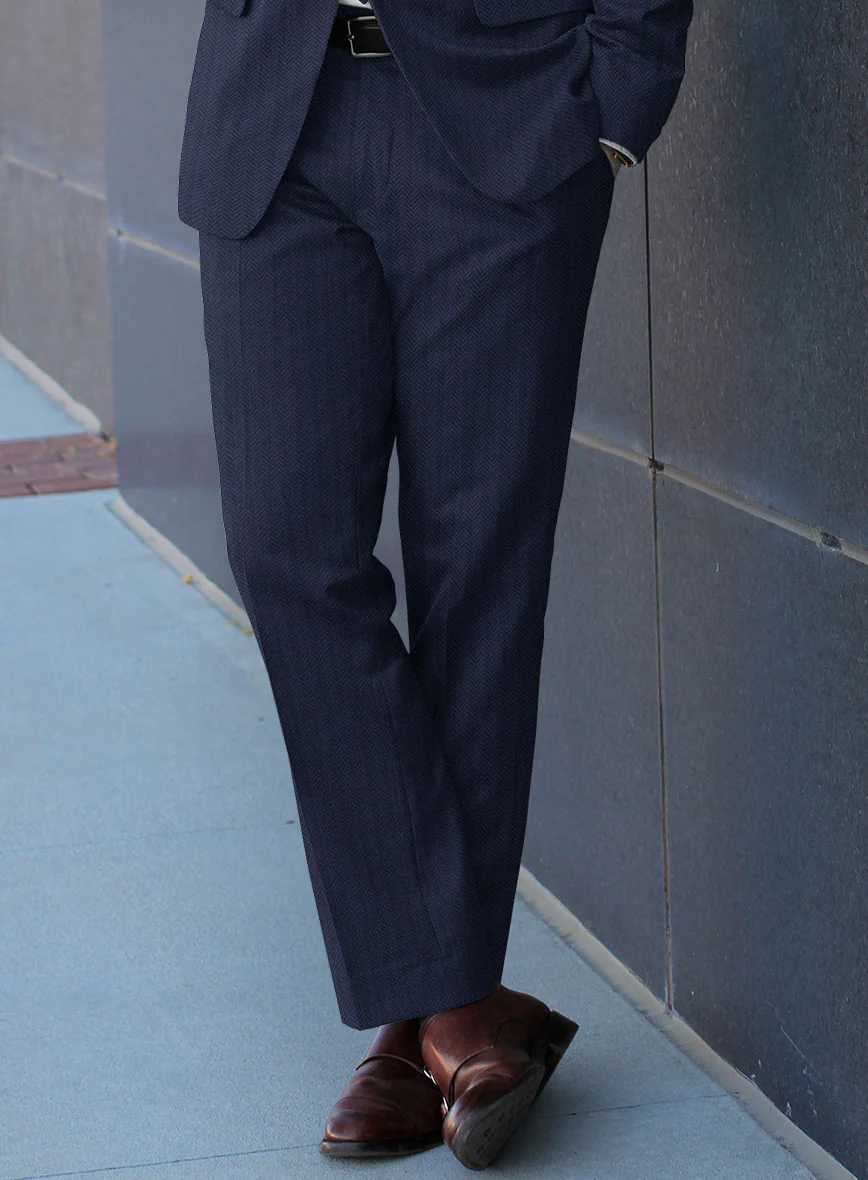 Scabal Tornado Herringbone Navy Blue Wool Pants - Image 2