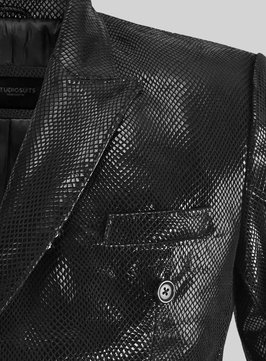 Snake Embossed Black Double Breasted Leather Suit - Image 2