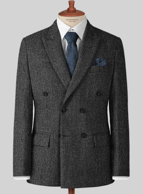 Stone Charcoal Tweed Double Breasted Jacket