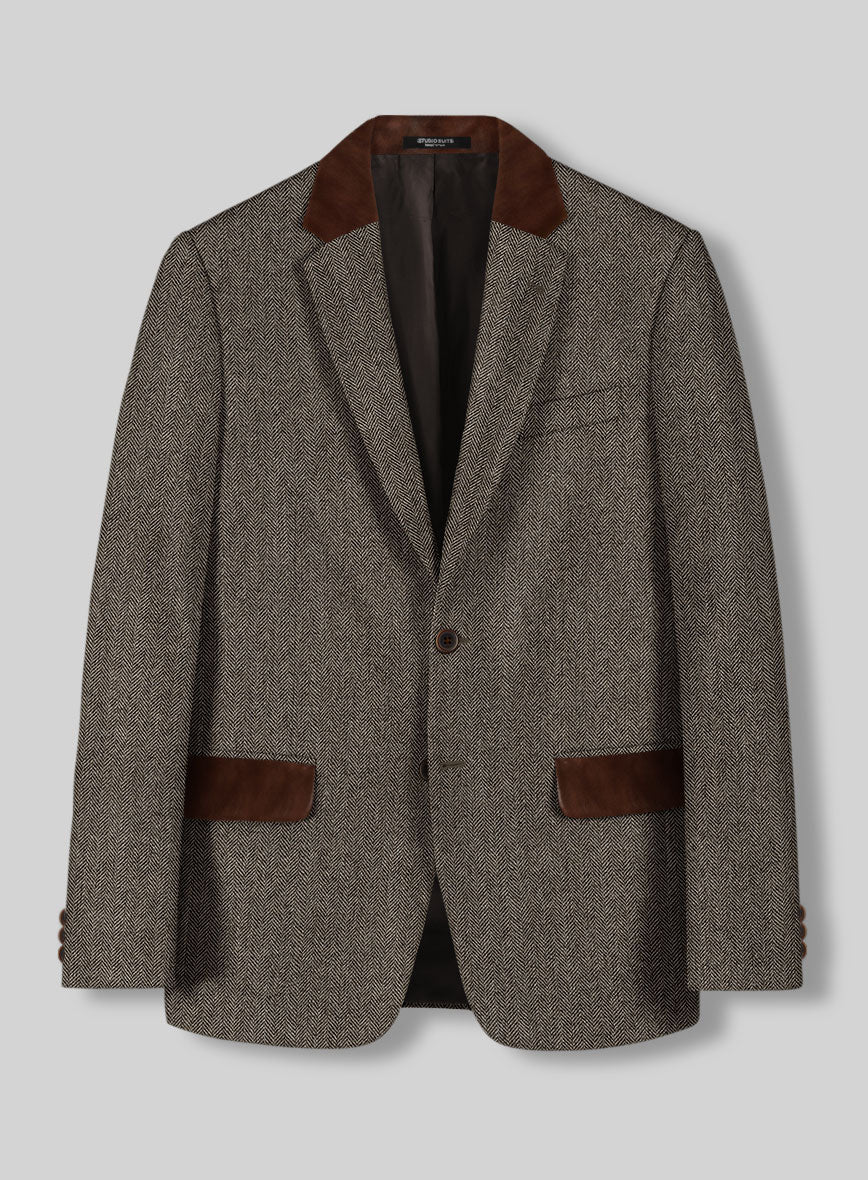 Vintage Dark Brown Herringbone Tweed Jacket - Leather Trims - Image 3