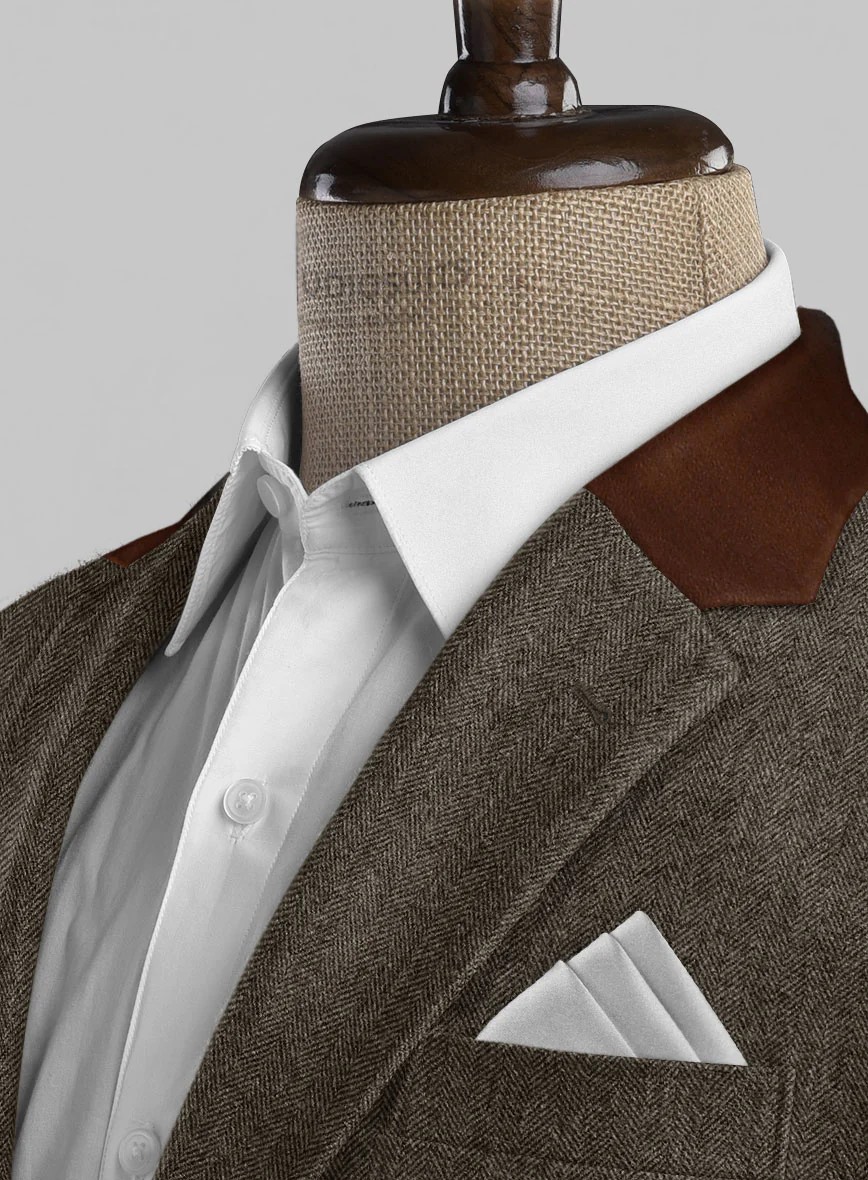 Vintage Dark Brown Herringbone Tweed Jacket - Leather Trims - Image 4