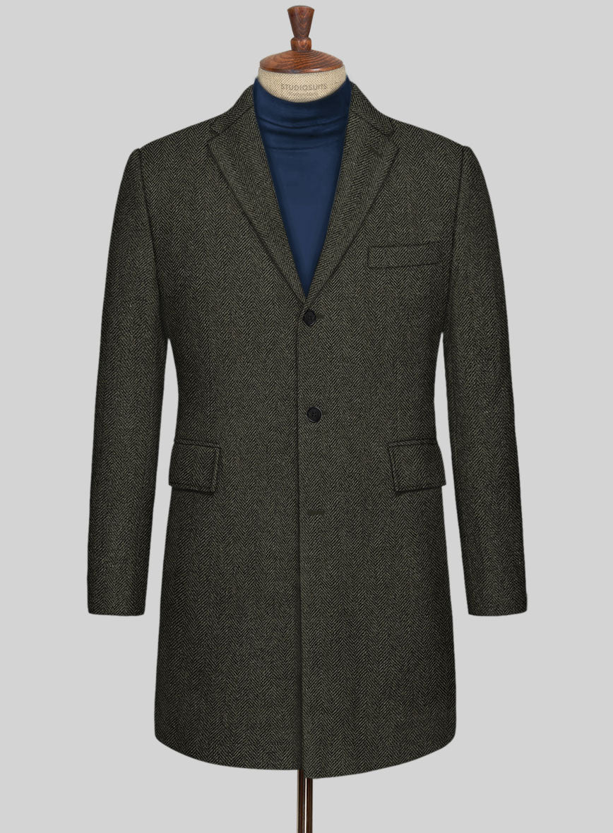 Vintage Flat Green Herringbone Tweed Overcoat