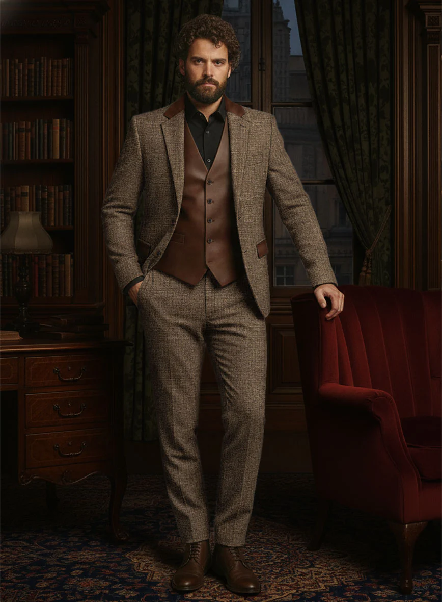 Vintage Glasgow Brown Tweed Suit - Leather Trim