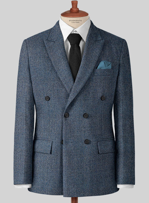 Vintage Herringbone Blue Tweed Double Breasted Suit - Image 2