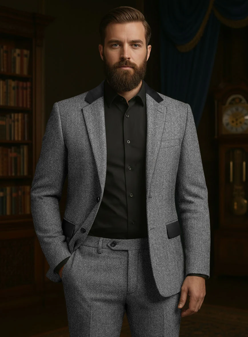 Vintage Herringbone Gray Tweed Jacket - Leather Trims - Image 2