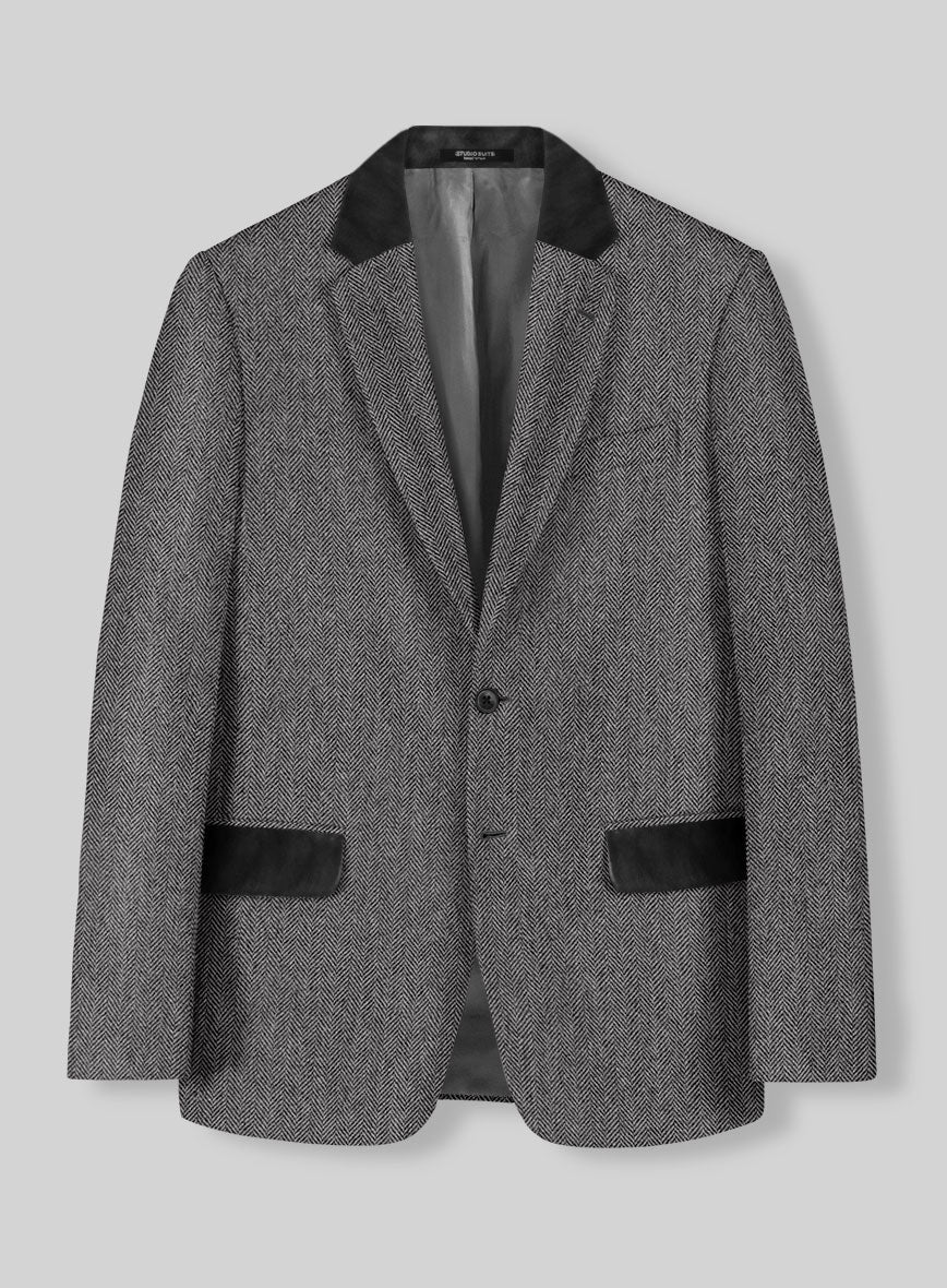 Vintage Herringbone Gray Tweed Suit - Leather Trims - Image 3
