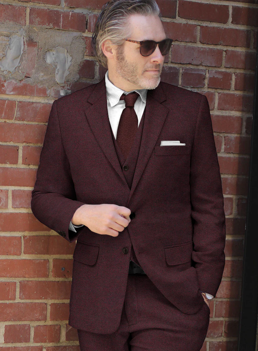 Wine Herringbone Tweed Jacket - Image 2