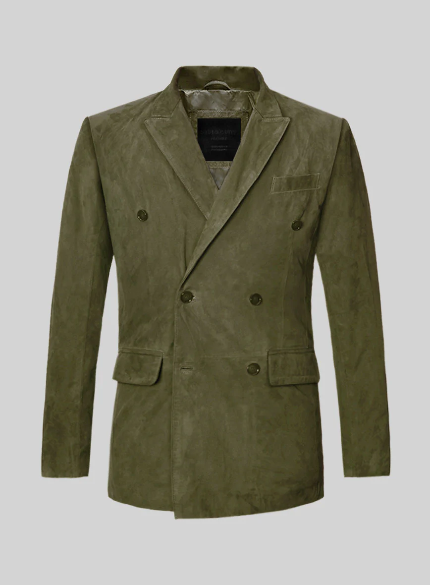 Woodland Green Suede Double Breasted Leather Blazer